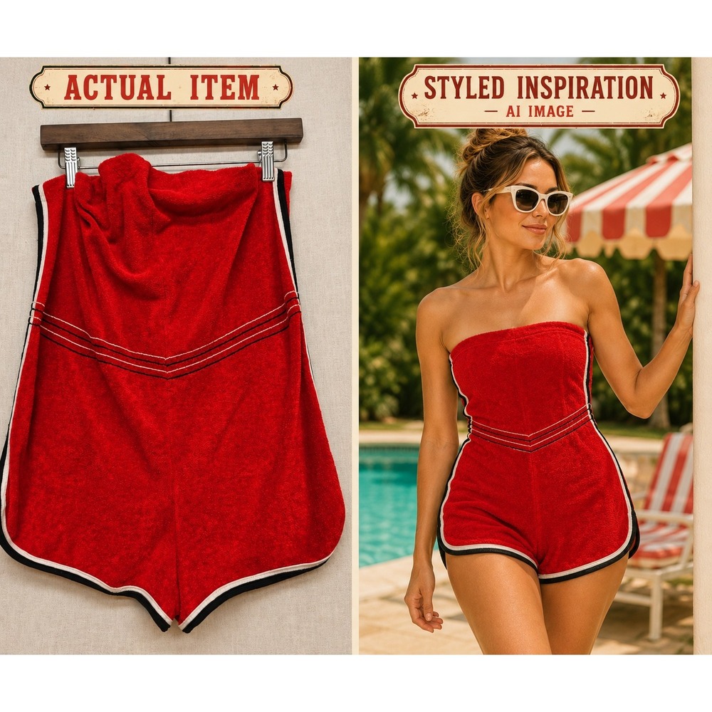 Vtg 70s Sears JR Bazaar Red Terry Cloth Romper Shorts Playsuit (M) Rare Find